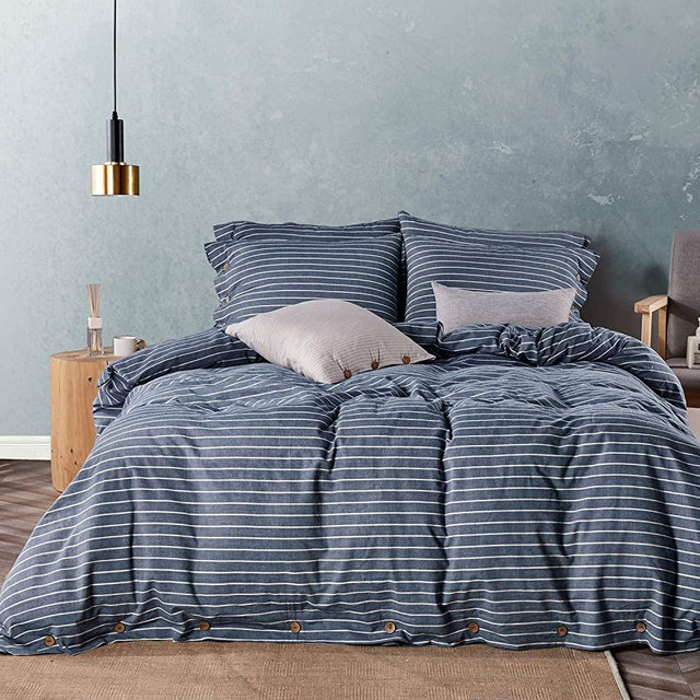 JELLYMONI Blue Pinstripe 100% Washed Cotton Duvet Cover Set, 3 Pieces Luxury Soft Bedding Set with Buttons Closure, Solid Color Pattern Duvet Cover King Size(No Comforter)