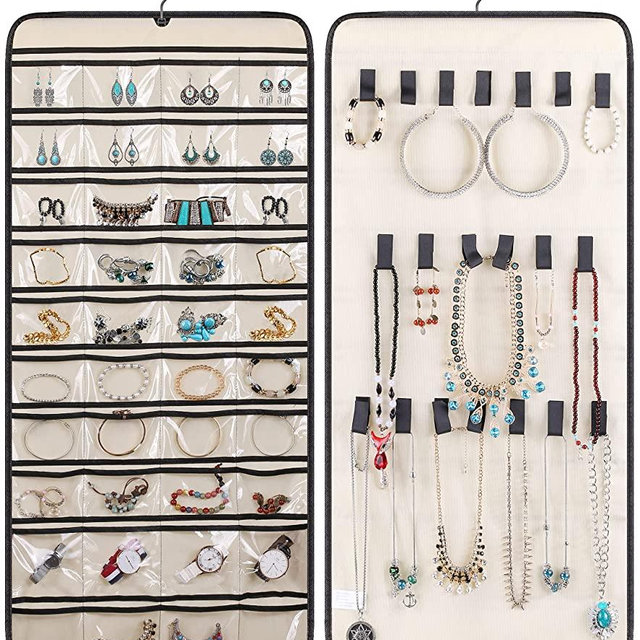 MISSLO Dual-sided Hanging Jewelry Organizer with 40 Pockets and 20 Hook & Loops Closet Necklace Holder for Earring Bracelet Ring Chain with Rotating Hanger, Beige