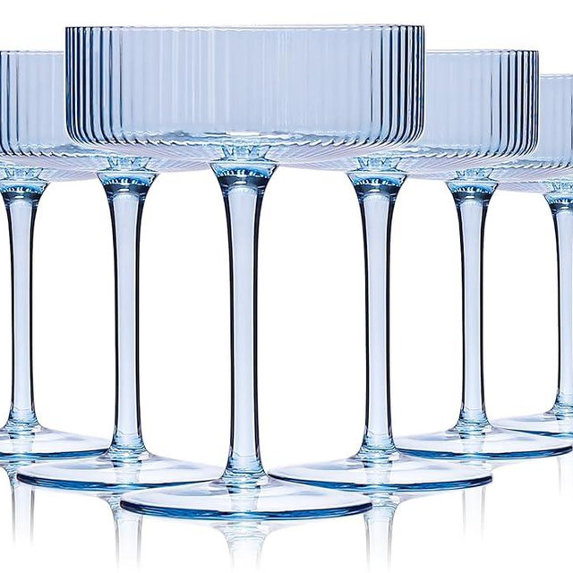 Blue 9 oz Vintage Art Deco Coupe Glasses Set of 6 Blue Ribbed martini Glasses|Vintage Cocktail Glasses Set,Unique Light Sky blue Coupe Glass