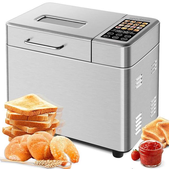 SEEDEEM 16-in-1 Bread Machine, 2.2LB Stainless Steel Bread Maker with Fruit and Nut Dispenser, Nonstick Ceramic Pan, 3 Crust Colors & 3 Loaf Sizes, Touch Panel, Recipes, Silver