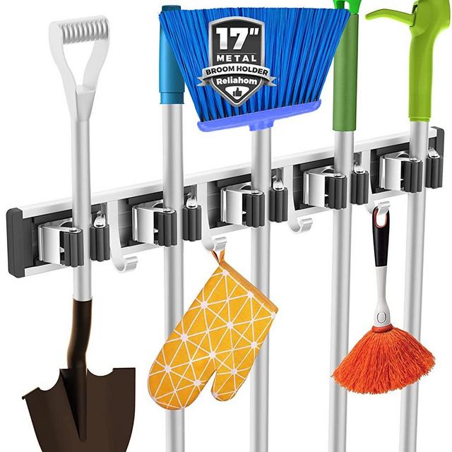 reliahom Broom Holder Mop Hanger Wall Mount Metal Organization Garage Storage System Garden Kitchen Tool Organizer(5 Racks with 4 Hooks, Black)