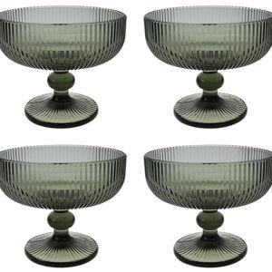 CHOOLD Vintage Strips Embossed Glass Footed Dessert Ice Cream Trifle Salad Candy Cake Bowl for Home Party Wedding - 9 oz, Dark Green, Set of 4