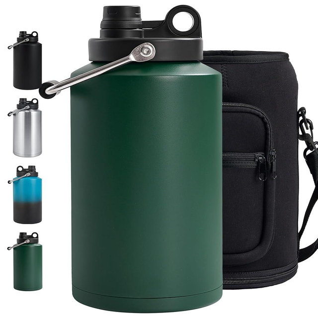 Insulated Gallon Jug with Handle, One Gallon, 128oz Stainless Steel, Large Double Vacuum Water Bottle for Cold Drinks, Wide Mouth, Sweat Proof, Carrier bag, Great for Travel, Camping, Green