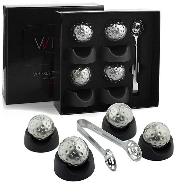 Golf Ball Shaped Stainless Steel Whiskey Stones, Whiskey Rocks, By The Wine Savant Great for Parties or for Bar Use, 4 Stones Rocks Cubes for Whiskey, Bourbon Vodka, Scotch