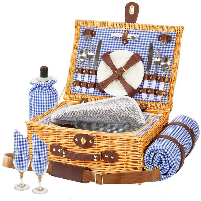 Greenstell Wicker Picnic Basket Sets for 2 Persons with High Sealing Insulation Layer,Waterproof Picnic Mat, Removable Strap and Wine Bag, Tableware, Picnic Basket for Family,Party,Outdoor,Camping