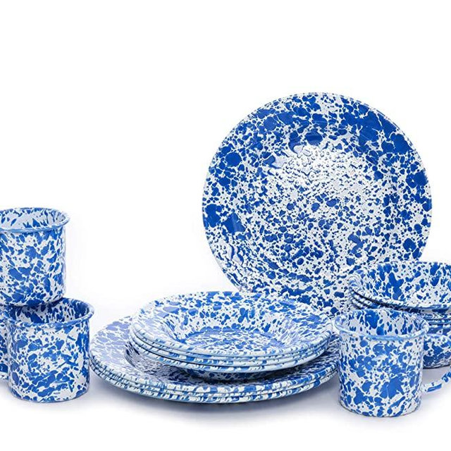 Enamelware Starter Set, 16 piece, Blue/White Splatter