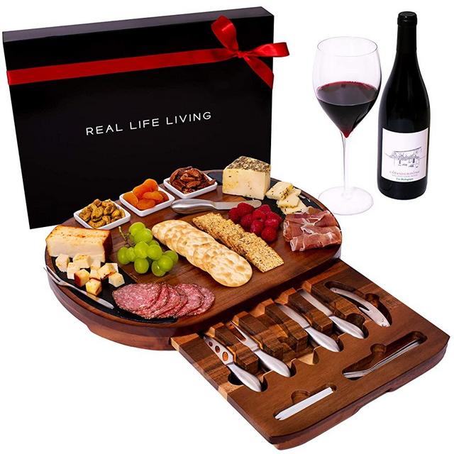 Large Round Charcuterie Board Set - Giftable 20-Piece Cheese Board and Knife Set - Wedding & Holiday Platter or House Warming Present - Acacia Wood & Slate Serving Tray for Meat, Wine & Cheese