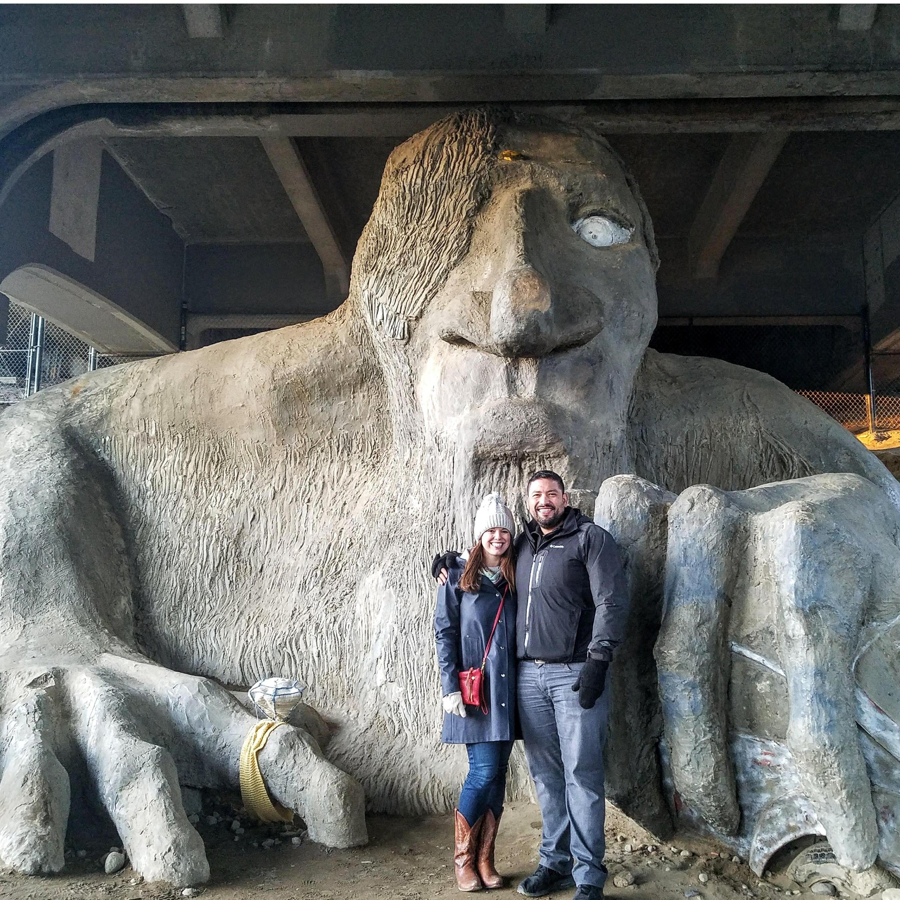 Visiting the Fremont Troll under the bridge in Seattle
