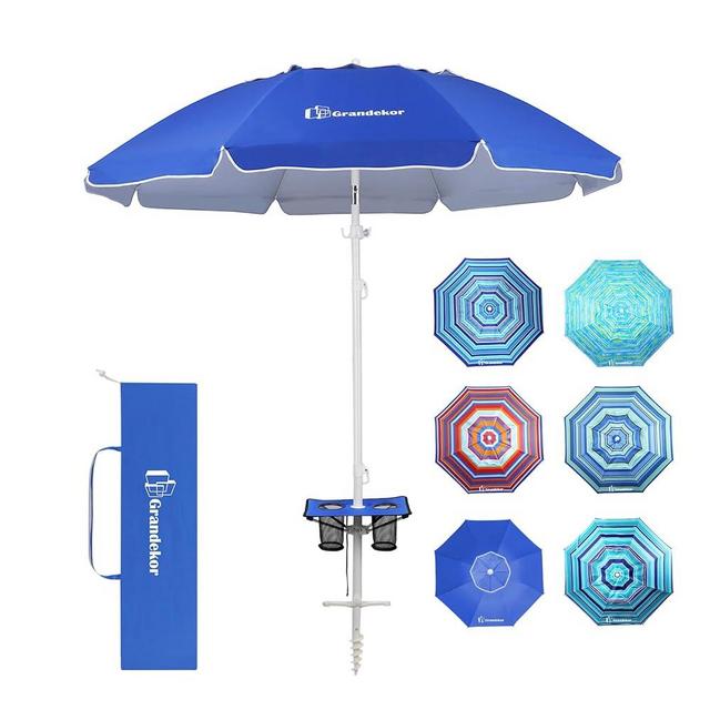 Grandekor Beach Umbrellas for Sand Heavy Duty Wind Portable Beach Umbrella with Table Travel Beach Umbrella with Carry Bag 7FT Sun Umbrella Beach, UV 50+