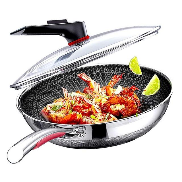 MEGOO 12 Inch Stainless Steel Non Stick Frying Wok Pan With Lid, PFA,PFOA Free,Wok Stir Fry Pan Suitable For Gas Cooktops,Induction,Ceramic And Electric Stove,Dishwasher And Oven Safe
