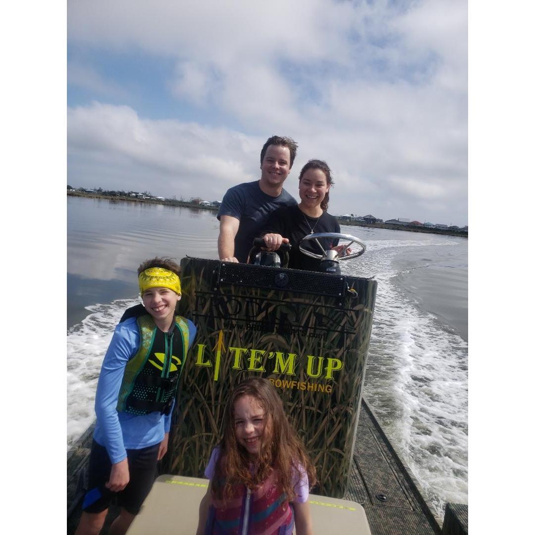Driving the boat for the first time.