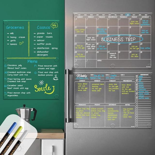 Large Clear Dry Erase Calendar 3-Pack Combo Set for Fridge, 17"x12" Transparent Reusable Monthly Calendar and Weekly Calendar Set Sticks to Any Smooth Surface e.g Wall, Glass, Cabinets etc.