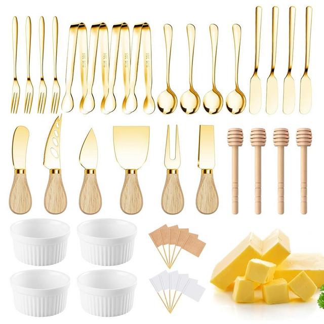 Charcuterie Boards Accessories Gold Charcuterie Utensils Cheese Butter Spreader Knife Set Small Serving Tongs Forks and Spoons Dipping Bowls Honey Dippers Toothpick Flags for Party Platter Making