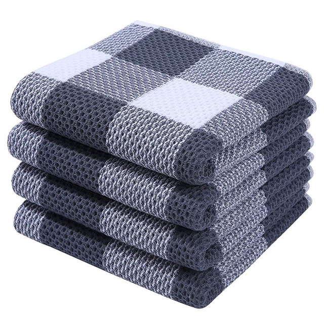 Homaxy 100% Cotton Waffle Weave Check Plaid Kitchen Towels, 13 x 28 Inches, Super Soft and Absorbent Dish Towels for Drying Dishes, 4-Pack, White & Dark Grey