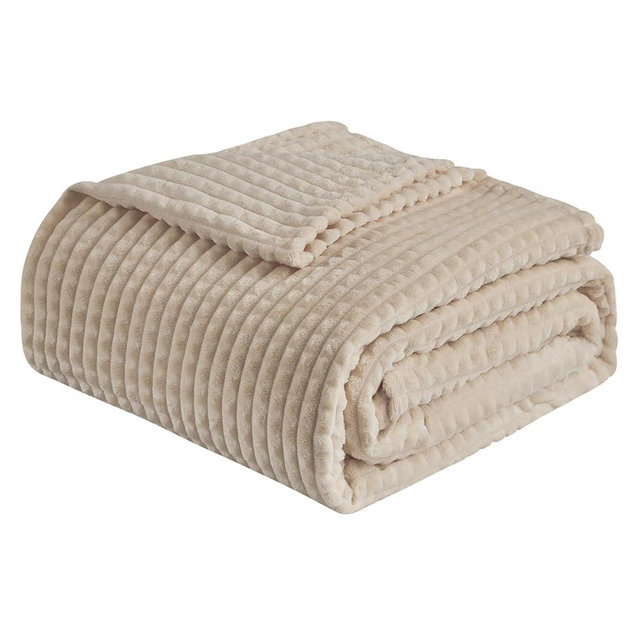 EMME Fleece Blanket Queen Size Luxury Flannel for Couch Bed Sofa Chair, Soft, Plush, Warm and Cozy Blanket with 3D Geometric Grid Design (Beige, 80'' x 90'')