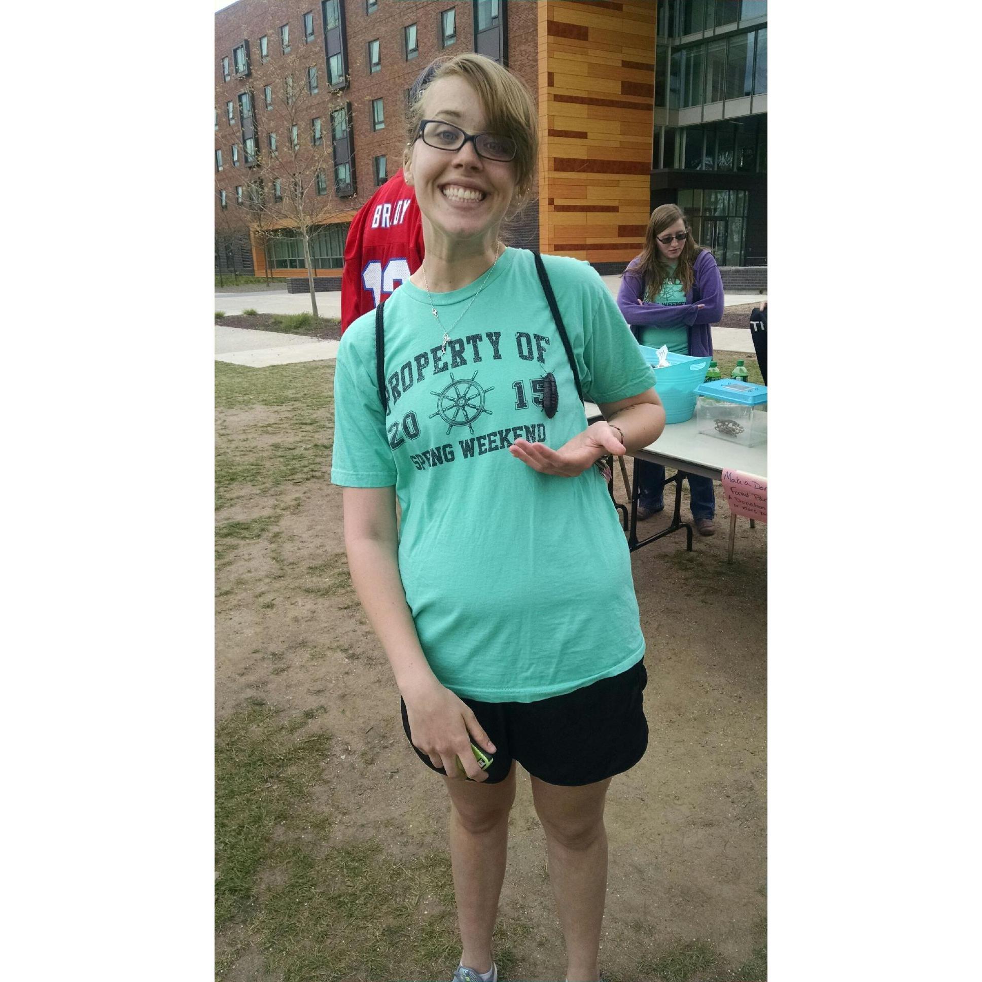 Nicole rocking her campus wide (RA event) with an African Hissing Cockroach