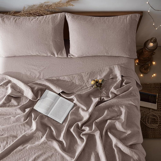 LBRO2M 100% Linen Sheet Set 16" Deep Pocket Queen Size,Bed Sheets 4 Piece Sets,Solid Color Natural Flax Bed Sheets Soft Breathable Bedding, All Season (Queen, Mauve Desert)