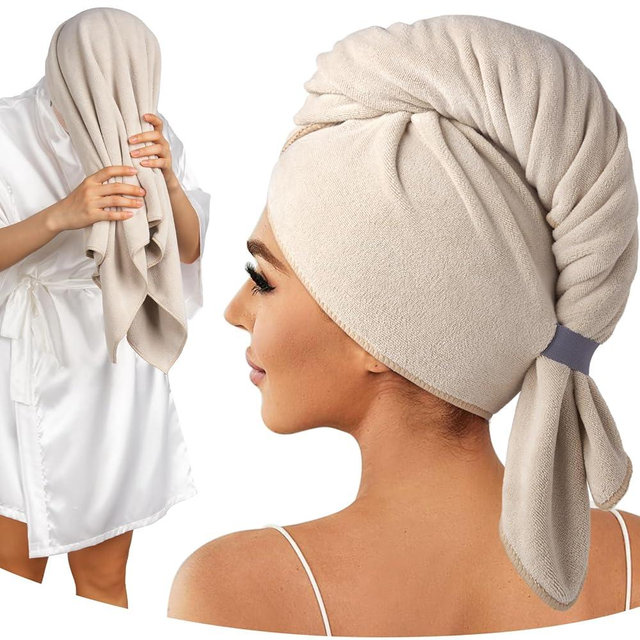 Umisleep 100% Microfiber Hair Towel, 41" x 22" Super Absorbent Towel Wrap with Elastic Loop, Large Curly Hair Towel for Women Long, Thick Hair, Camel