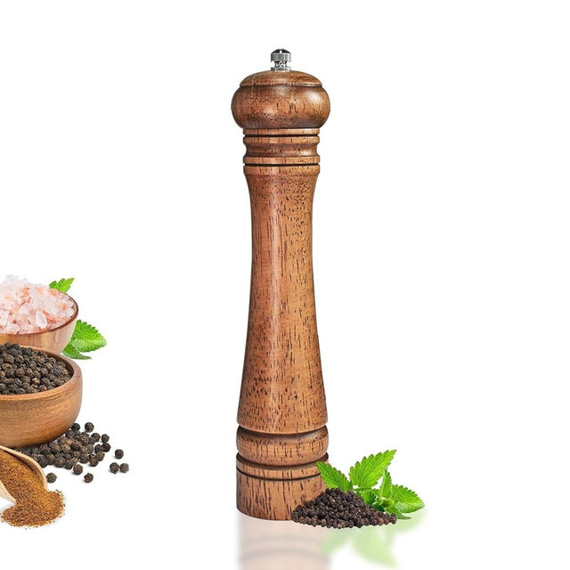 1 Pack - 10 Inch tall Wooden Pepper Mill or Salt Mill Elegant Pepper Grinder Wood with a Adjustable Ceramic Rotor and Easily Refillable - Oak Wood Salt Grinder for Your Kitchen