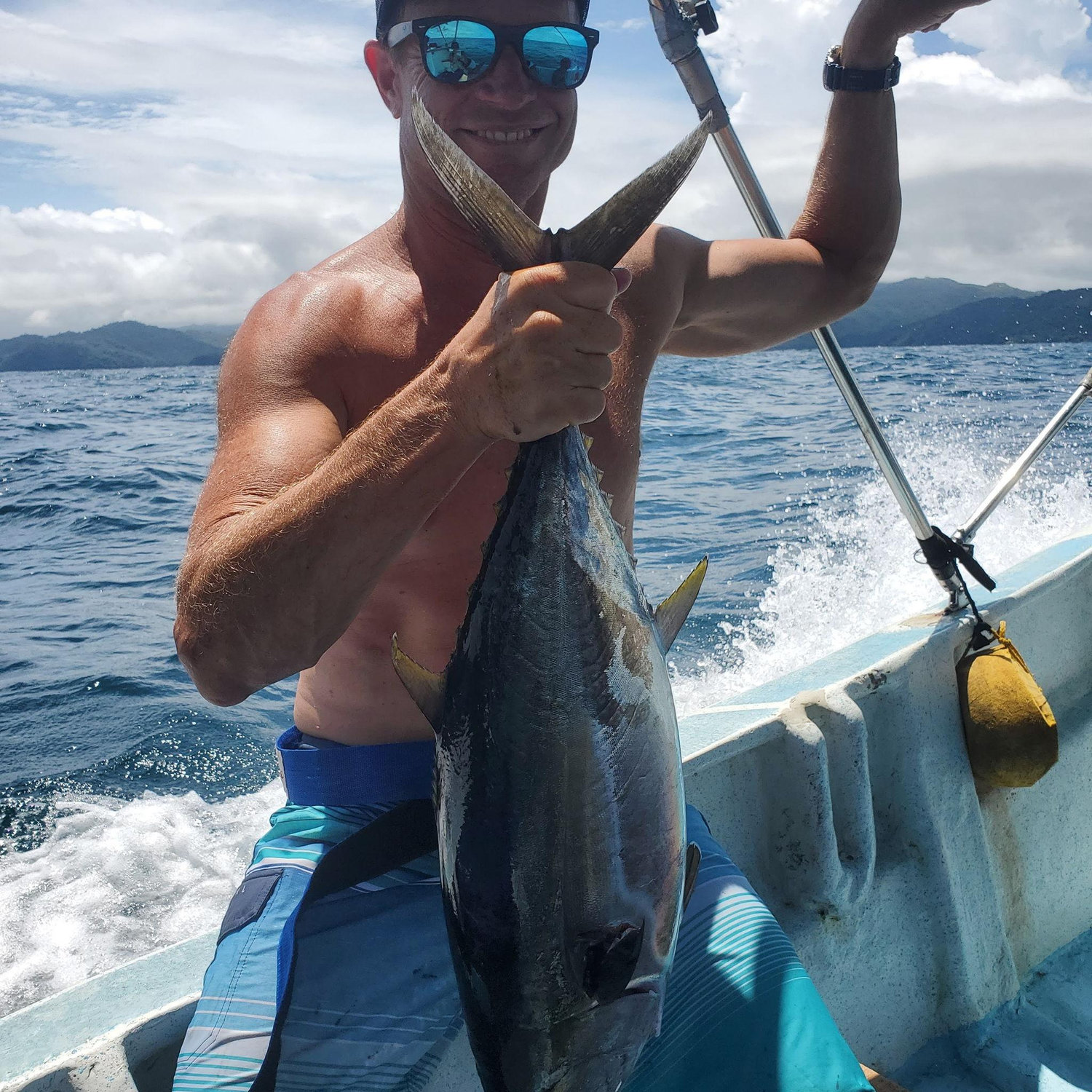 On a fishing trip off Santa Catalina in Panama, Thomas landed a this young tuna and couldn’t resist showing it off — and his arm