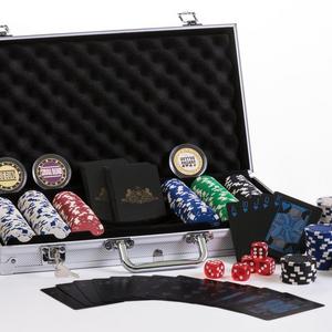 Premium Poker Chip Set With Aluminum Carrying Case. Upgraded Dealer/Small/Big Blind Buttons. PVC Black Water Proof Playing Cards. 300 Piece Composite, Texas Hold'em with Dice. Prime Professional