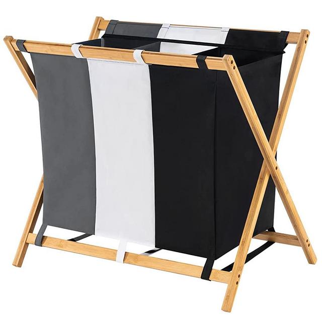 Fiona's magic Bamboo Laundry Sorter 3 Section, 143L Laundry Hamper Basket with 3 Compartments Storage Bin,Large Wood Foldable Laundry Basket for Bedroom,Bathroom Clothing and Toys Organization,Black