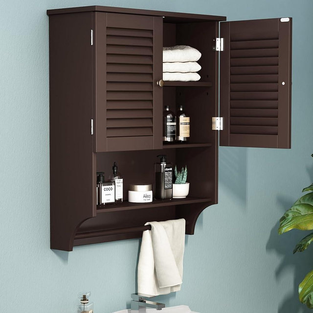ChooChoo Bathroom Wall Cabinet with Towels Bar, 23.6" L x7.9 W x27.5 H MDF Material Medicine Cabinet, 2 Doors Over The Toilet Space Saver Storage Cabinet with Large Space, Espresso
