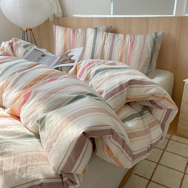 VM VOUGEMARKET Striped Duvet Cover Set Queen Washed Cotton Bedding Multicolor Stripes Duvet Cover with 2 Pillowcases for Girls Women(Orange/Pink/Green/Coffee)