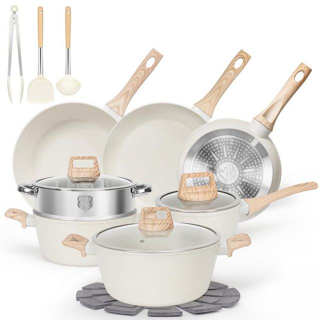 SODAY 17 Pcs Pots and Pans Set Non Stick, Kitchen Cookware Sets White Granite Nonstick Cooking Set with Frying Pans, Saucepans, Steamer Silicone Shovel Spoon & Tongs (PFOS, PFOA Free)