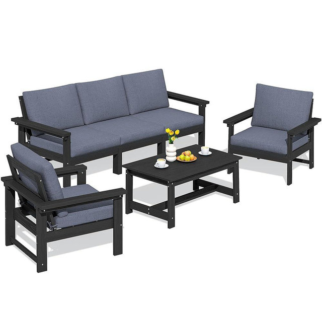 SERWALL HDPE Patio Conversation Set, 6-piece Sectional Outdoor Furniture Set, All Weather Outdoor Couch Set Patio Furniture Set for Deck, Lawn, Black Frame with Grey Cushion