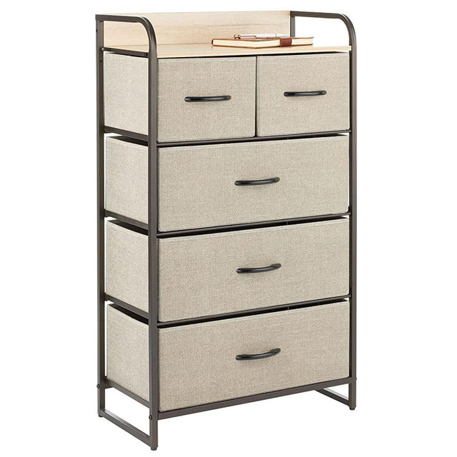 mDesign Tall Dresser Storage Chest - Vanity Furniture Cabinet Tower Unit for Bedroom, Office, and Closet - Textured Print - 5 Removable Drawers - Tan/Bronze