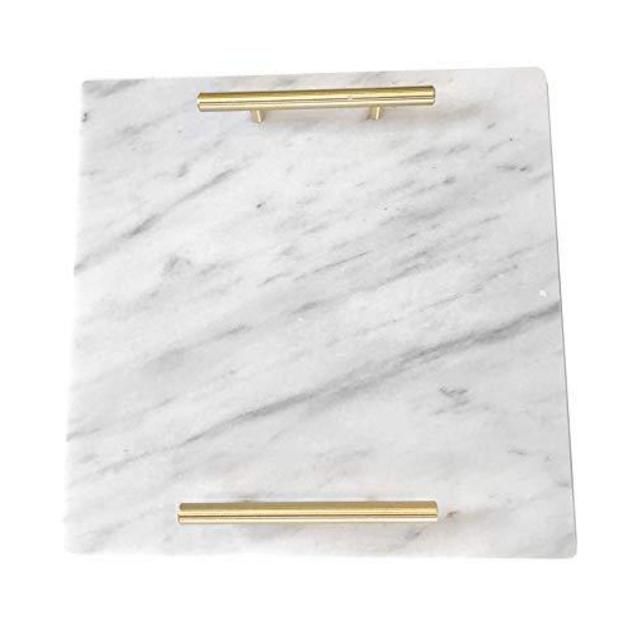 Cararra Blanco White Marble Slab Cheese Board with Gold Brushed Metal Handles