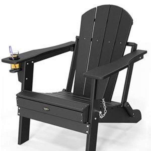 VINGLI Plastic Adirondack Chairs, Folding with Cup Holder, Waterproof HDPE Material, Comfortable 380lb Weight Capacity for Outdoor Pool Patio Lounge Chair Lawn Furniture Firepit (Black)