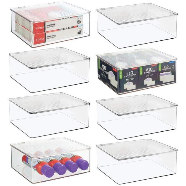 mDesign Plastic Stackable Home, Office Supplies Storage Organizer Box with Attached Lid - Holder Container Bin for Note Pads, Gel Pens, Staples, Dry Erase Markers, Tape - 8 Pack - Clear
