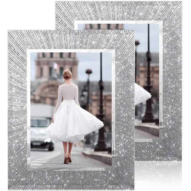 Flocey 5x7 Picture Frame Glass 2 Pack, Sparkly Glitter Photo Frame 5 x 7 Mirror Crystal Wedding Gift Wall and Tabletop Display