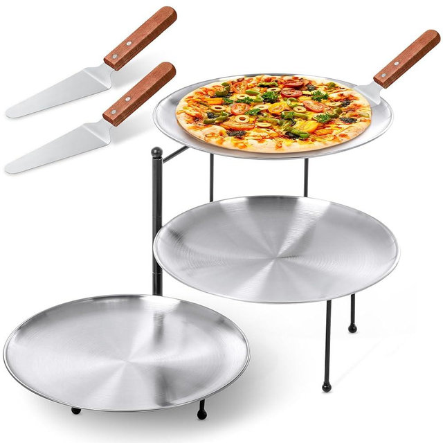 Teenyyou 7 Pcs Pizza Pan Riser Stands Sets Includes 1 Pcs Tiered Tray Stand 3 Stainless Steel Pizza Pan and 3 Wood Handle Knife for Home, Restaurant Party
