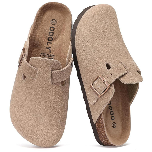 ODOLY Genuine Suede Clogs for Women Men Soft Cork Footbed Leather Mules Comfort Potato Shoes with Arch Support