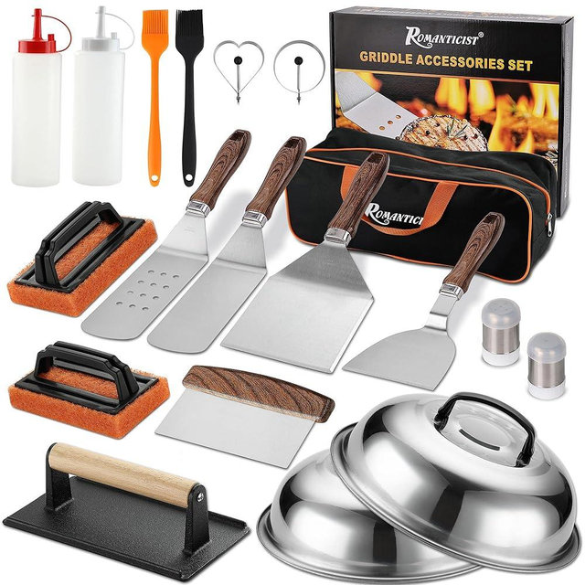 ROMANTICIST 19PCS Griddle Accessories Set - Flat Top Teppanyaki Spatula Set with Scraper, Basting Cover for Camp Chef- Home Cooking Griddle and Outdoor BBQ Gifts for Christmas