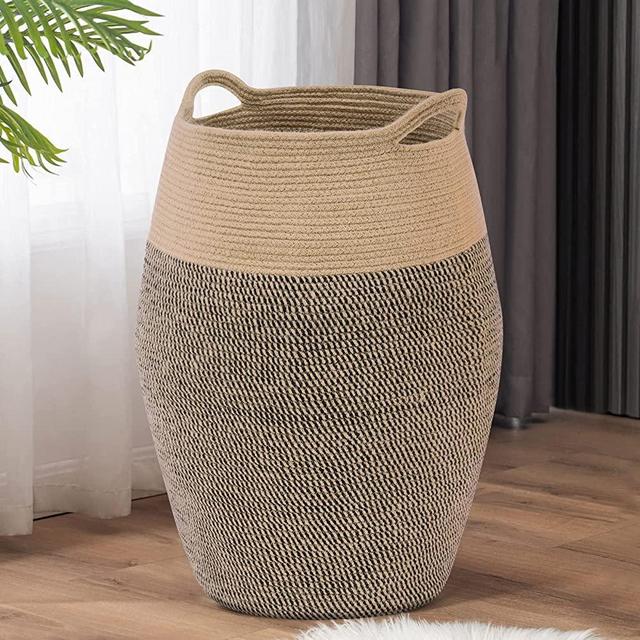 YOUDENOVA Woven Laundry Hamper – 105L Extra Large Cotton Rope Collapsible Dirty Clothes Basket for Blankets, Toys, Throws – Tall Round Foldable Storage Organizers for Bedroom, Livingroom, Dorm (Jute Brown)