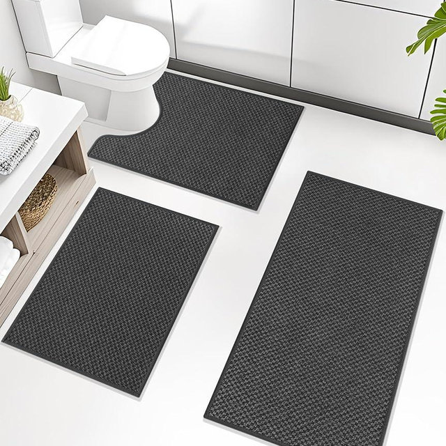 YIHOUSE Bathroom Rugs, Ultra Thin Bath Mat, Set of 3, Non-Slip, Quick Dry Absorbent, Machine Washable Bath Mat Set for Bathroom Floor, Dark Gray