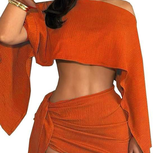 JYAOVO Women's 2 Piece Outfits Batwing Off Shoulder Irregular Crop Top and Mini Skirt Set Sexy Matching Sets