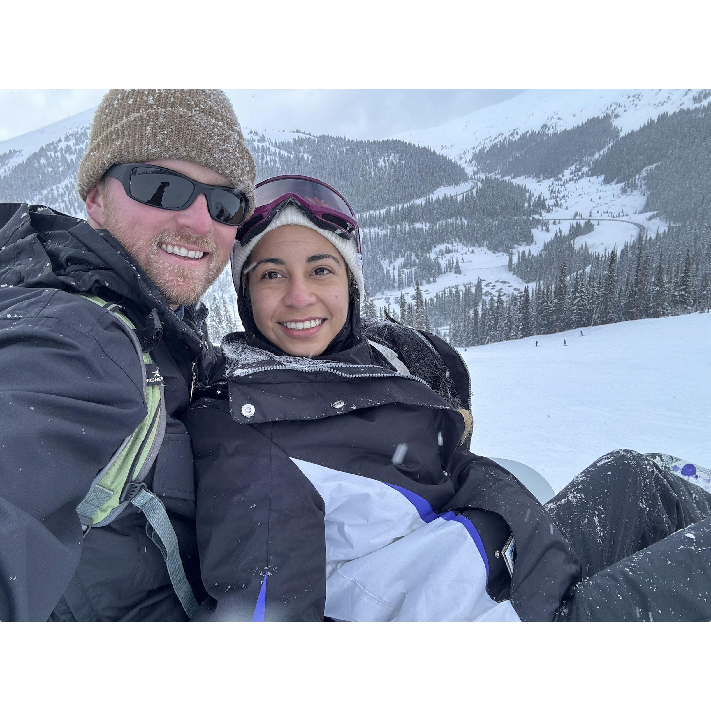 Our first snowboarding together. At the top of the mountain, the last ones on the lift!