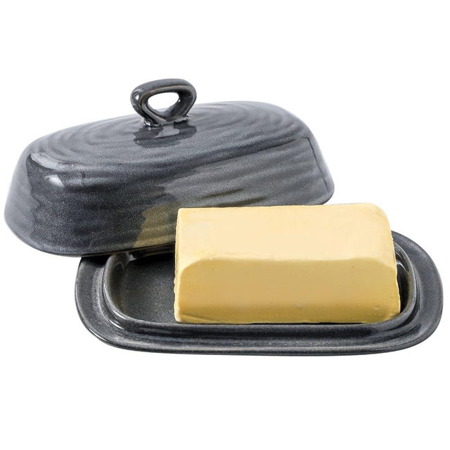 Hasense Porcelain Butter Dish with Lid, Covered Butter Container with Handle Design for Countertop, Gray