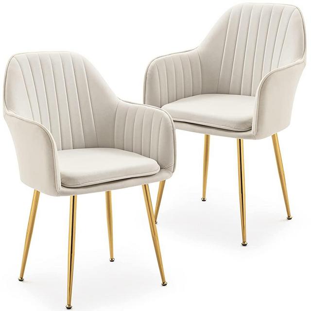 AVAWING Modern Living Dining Room Accent Arm Chairs Set of 2, Velvet Mid-Century Upholstered Seat Club Guest with Golden Legs, Light Beige