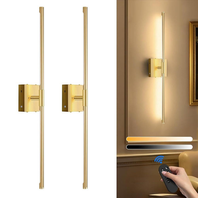 SAIMAND Wall Sconces Set of Two Battery Operated, Wireless USB Rechargeable Wall Lights with Remote, 8000mAh Dimmable LED 3 Color Dimmable Living Room for Bedroom,Hallway,Picture Lamp(30in Gold)