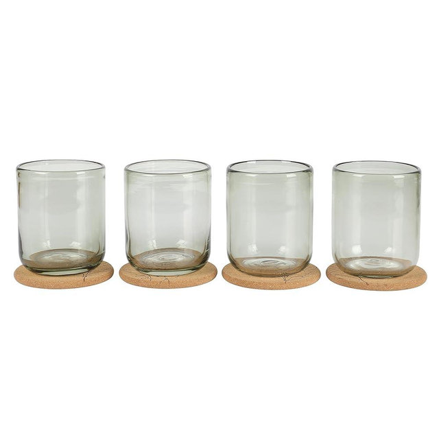 Bloomhouse Sayulita Spring 8 Piece Hand Made 16 OZ Jadeite Colored Glass Double Old Fashioned Set w/Coasters