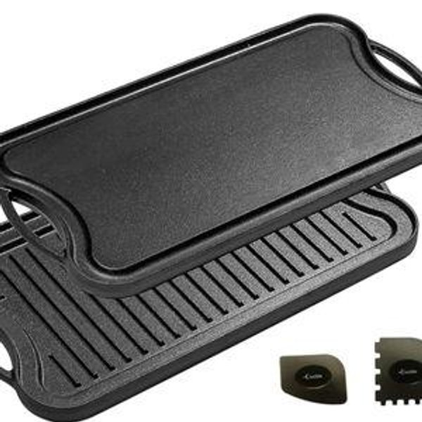 Cast Iron Griddle (20" by 10"), Reversible, Pre-Seasoned, Grill and Griddle Combo Pan, BBQ, Campfire, fits over two stovetop burners