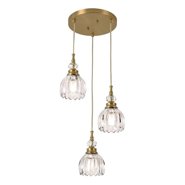 Modern Vintage 3 Light Pendant Light Fixtures, Brass Gold Modern Cluster Pendant Lights with Clear Glass Flowers Shade, Multi Lights Fixture Chandelier for Dining Room, Living room, Kitchen Island