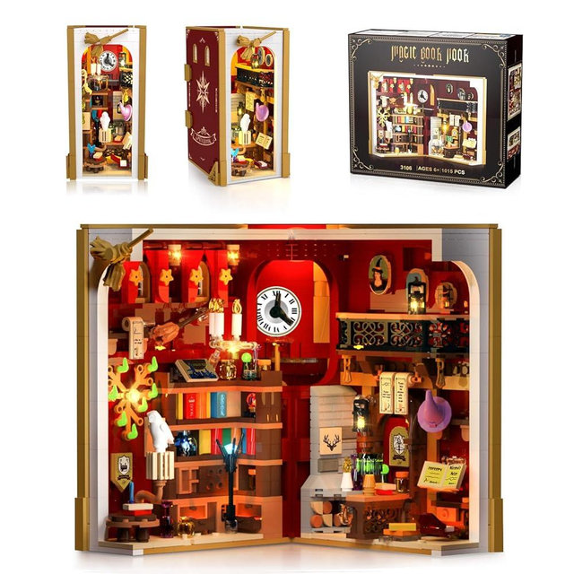 INSOON Magic Booknook Building Set with LED Light, 3.6mm Mini DIY Bookend Building Kit for Bookshelf & Home Decor, 1015 PCS Miniature Book Nook Building Block Model for Kids Adults Boys Girls Age 8+