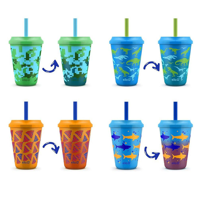 Ello 12oz Kids Plastic Reusable Color Changing Cups with Twist on Splash-Proof Lids and Straw, BPA Free, Dishwasher Safe